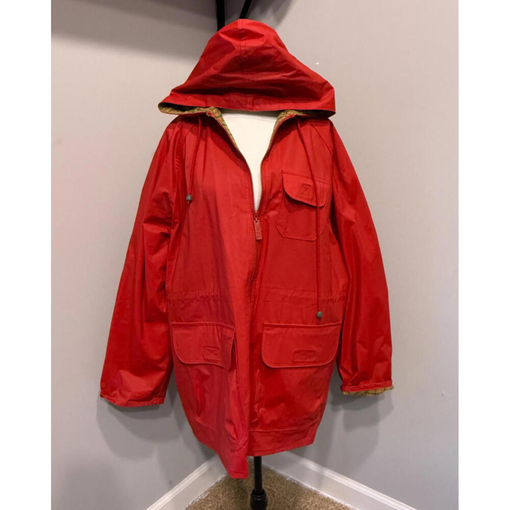 Totes Red Gold/Green‎ Plaid Lined Rain Coat Hooded Jacket - Size Medium